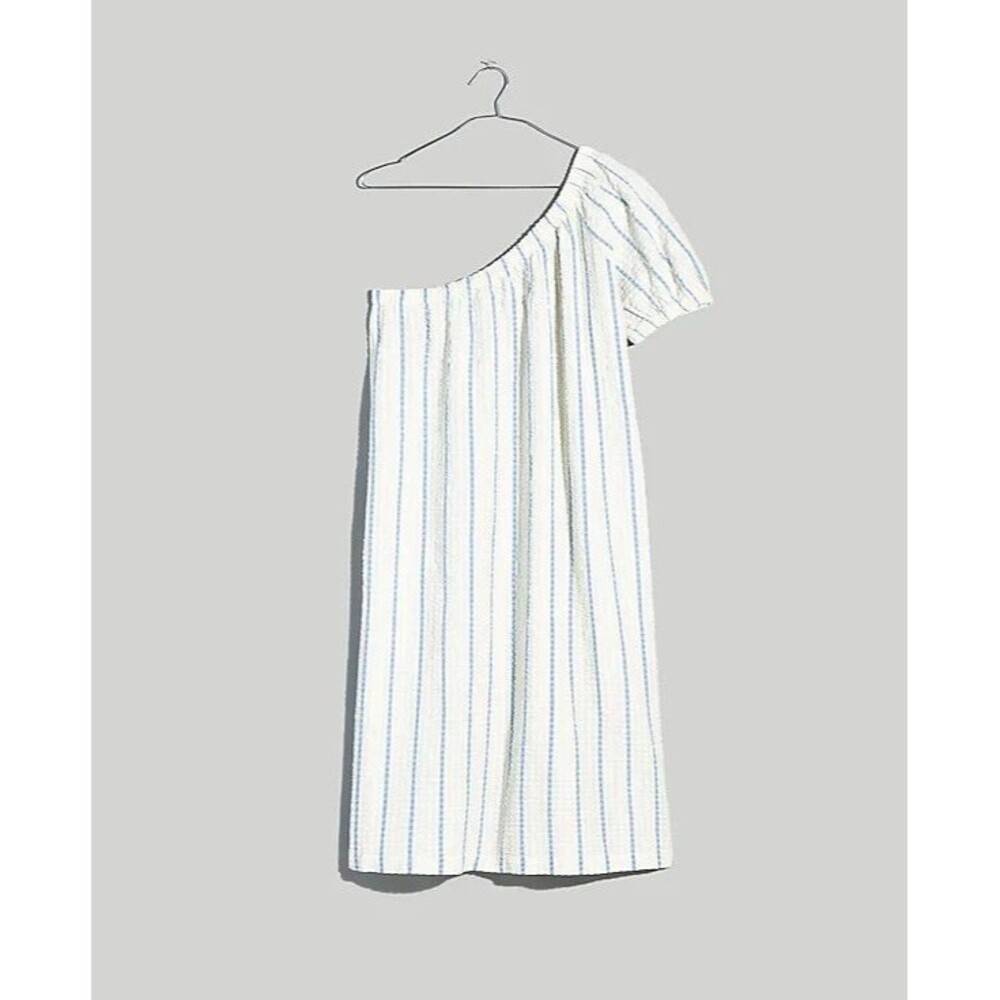madewell Seersucker One-Shoulder Puff-Sleeve Midi Dress in Stripe size M - Picture 2 of 10